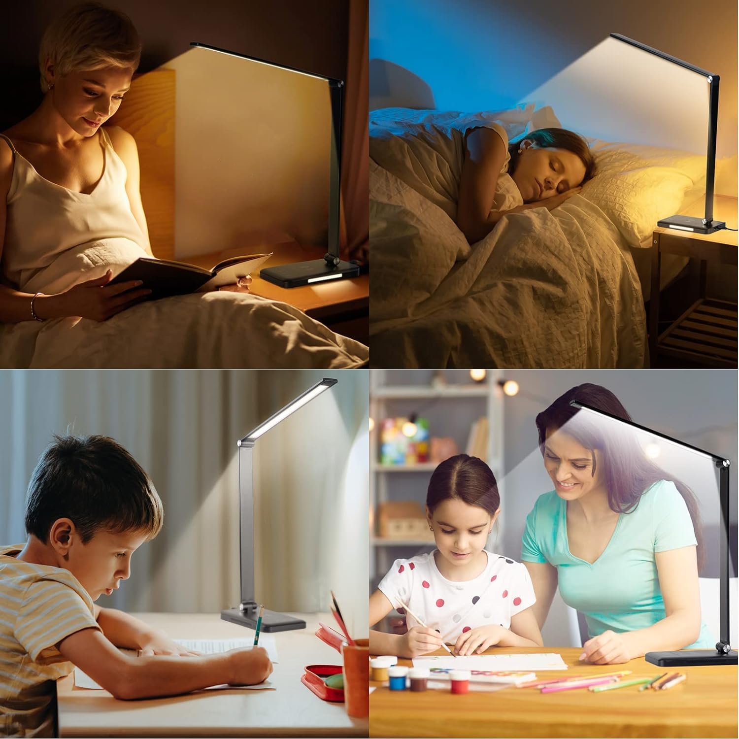 BIENSER Lampada da Scrivania LED con Ricarica Wireless 10W, Funzione di Ricarica USB, 600LM Lampada da Tavolo con 10 Livelli di Luminosità × 5 Colori, Luce Notturna, Memoria, Timer Auto, 6000K, 24W
