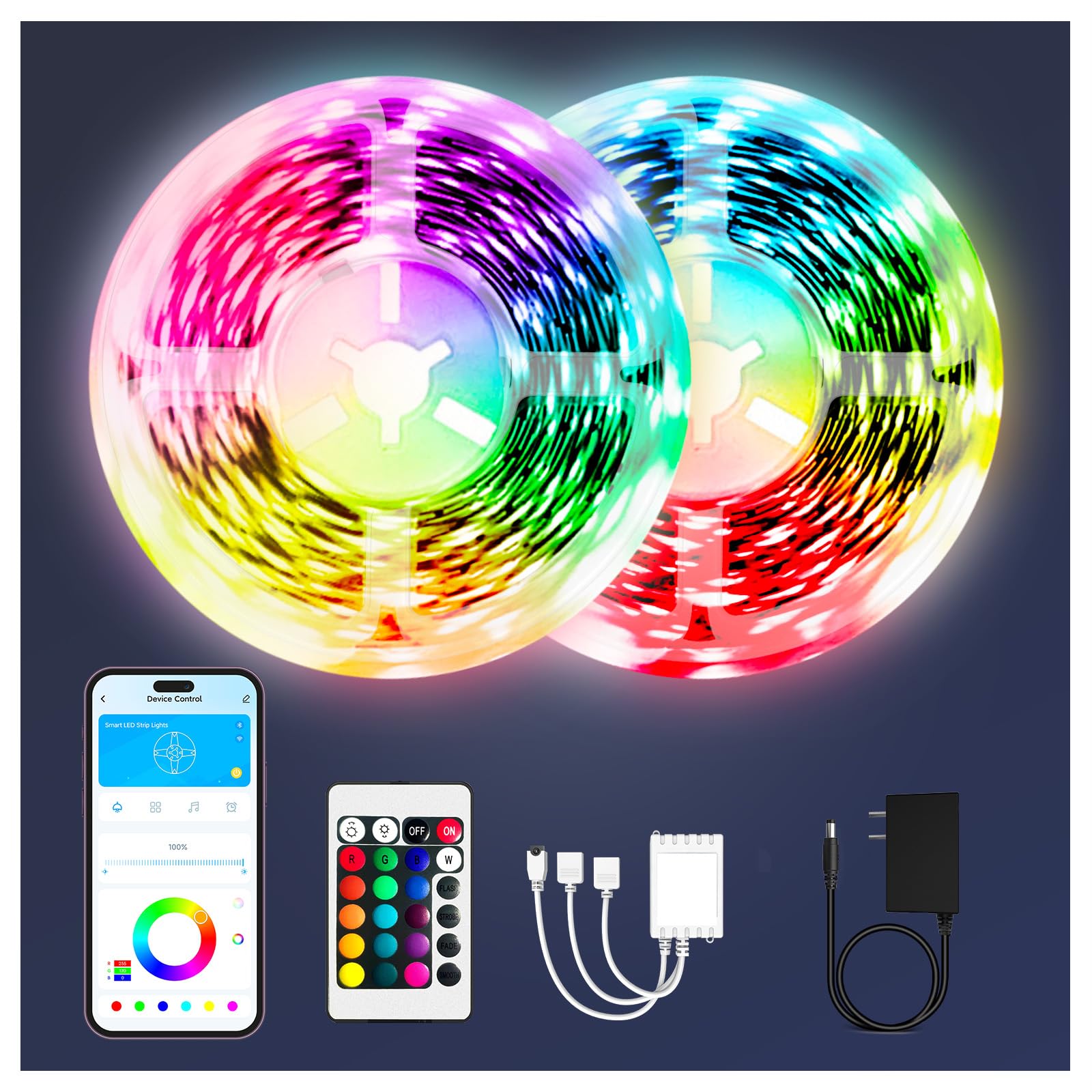 dalattin Bluetooth Led Lights for Bedroom 100ft,Smart Led Strip Lights with App Control Remote Control, RGB LED Light Strips,Music Sync Color Changing Room Decoration Party, (2 Rolls of 50ft)