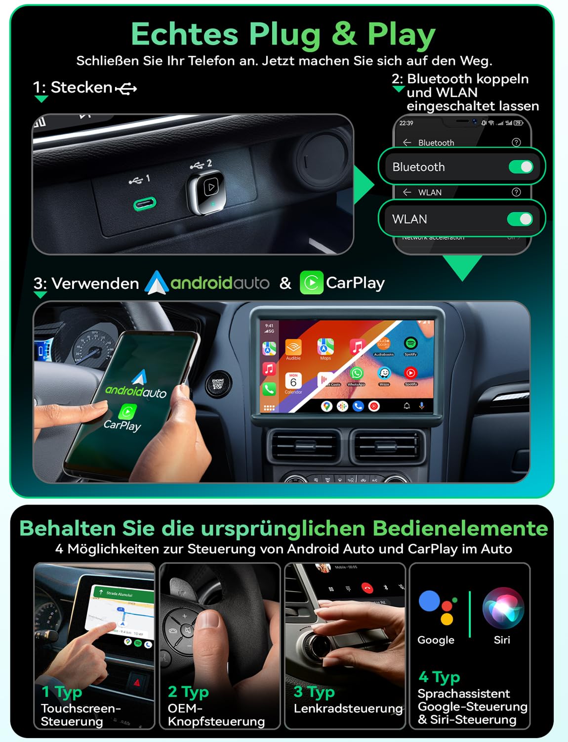 Mavlou Metalldesign Mini 2-in-1 Wireless CarPlay Android Auto Adapter Dongle für iOS 10+ Android 11+ Autos ab 2016 Schwarz