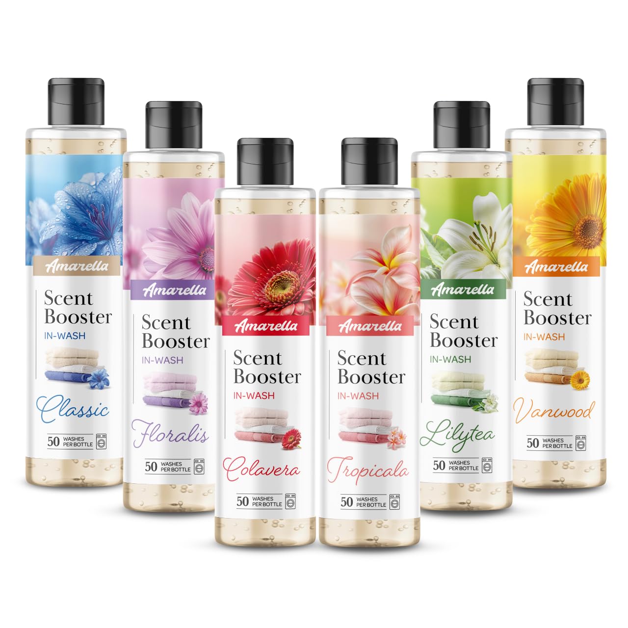 AMARELLA Wäscheparfum Set 6×250 ml - Duftmix Classic Colavera Vanwood Tropicala Floralis Lily Tea - Konzentrat für Textilien, intensiver Wäscheduft, Gesamt 1,5 L (ca. 300 Wäschen)