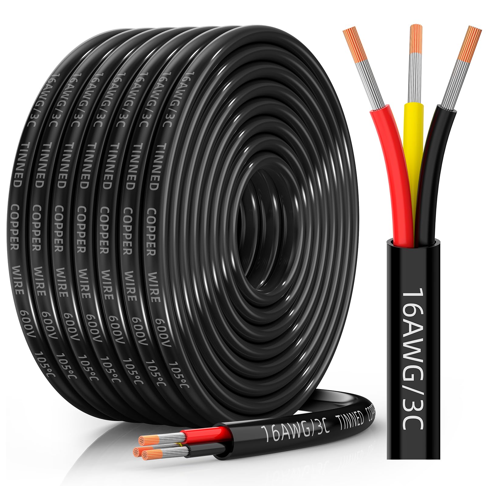 CONEPY 16 Gauge Wire 3 Conductor Electrical Wire, 16 AWG Tinned Copper Stranded PVC Cable, IP68 Waterproof/Flexible/Low Voltage Cord for Automotive,