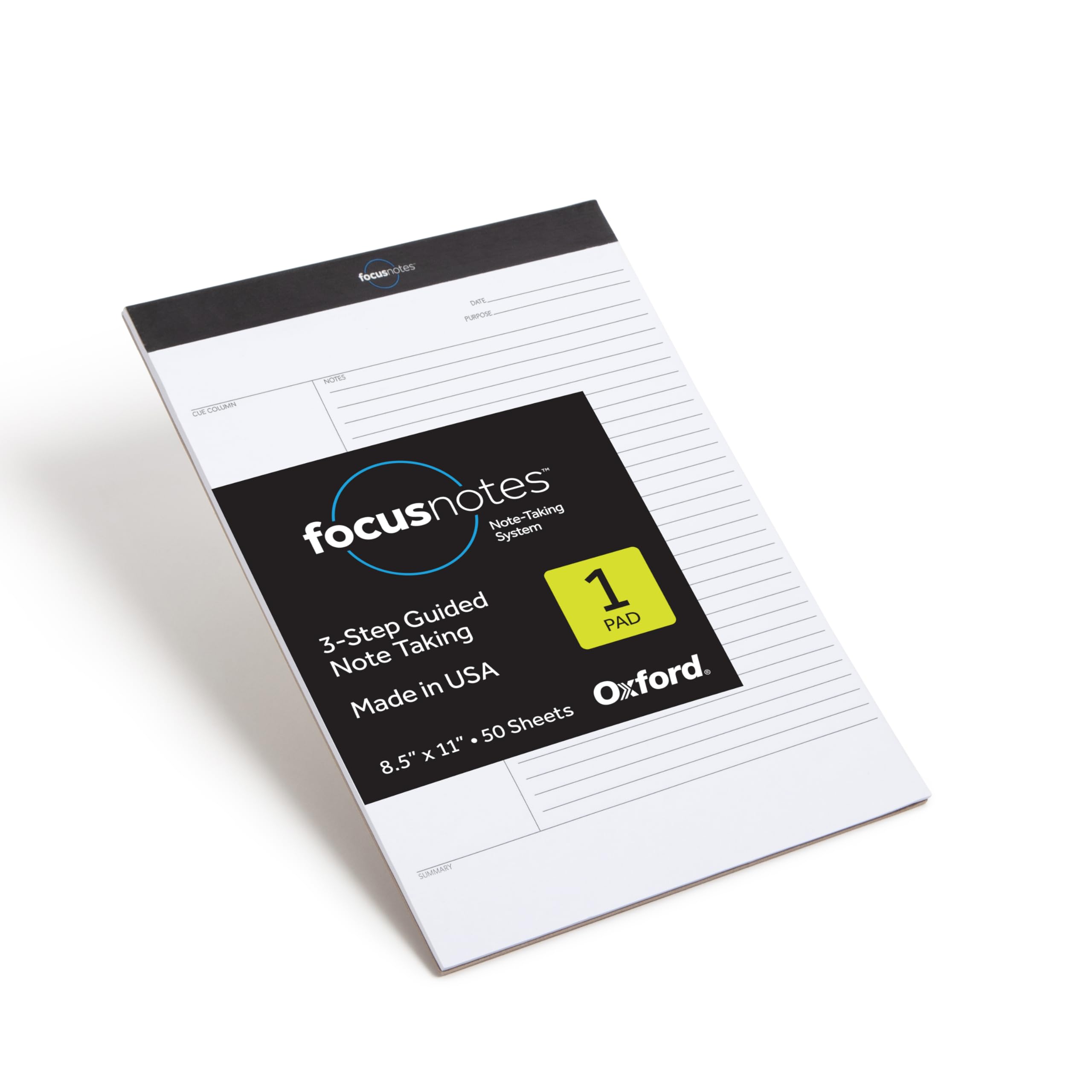 FocusNotes Writing Pad, Clear Note-Taking System, 8.5 x 11 Sheets, Guided Note, Cue & Summary Sections, 50 Sheets, Professional School and Office Notepad, Proudly Made in the USA
