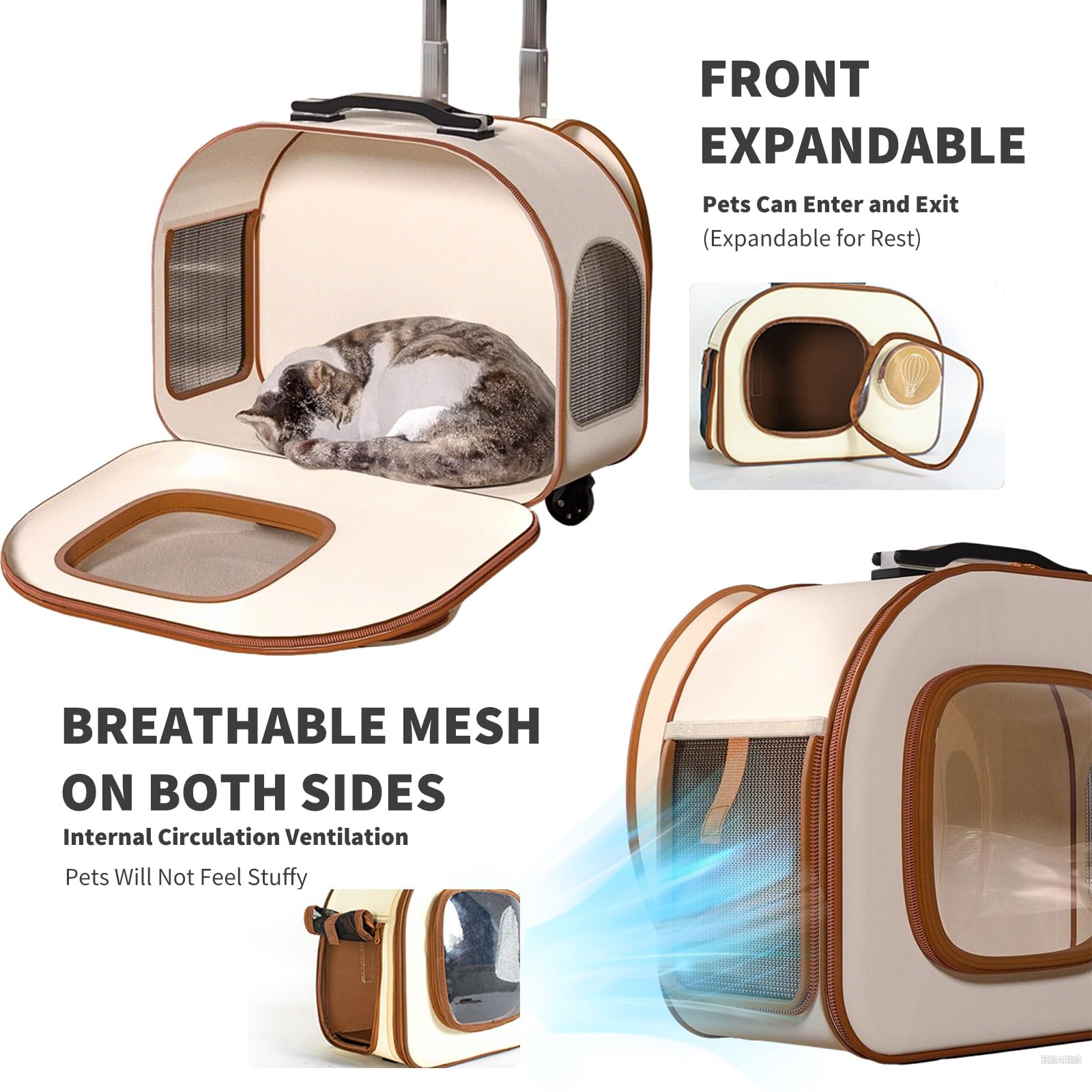 PETCUTE Zaino per Cani con Trolley,Zaino Trolley per Cani Gatti con Manico Telescopico e Base Rimovibile,Portatile Traspirante, Trasportino Gatto con Ruote,per Viaggi Lunghi Corti Fino 6 KG