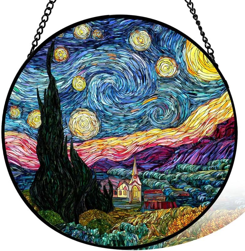 Stained Glass Window Hanging， Mountain Sunset Landscape 11.8in Sun Catchers Indoor Window， Core Decor Inside and Outside The Cottage， Nature Art Glass Decoration Gifts for Women