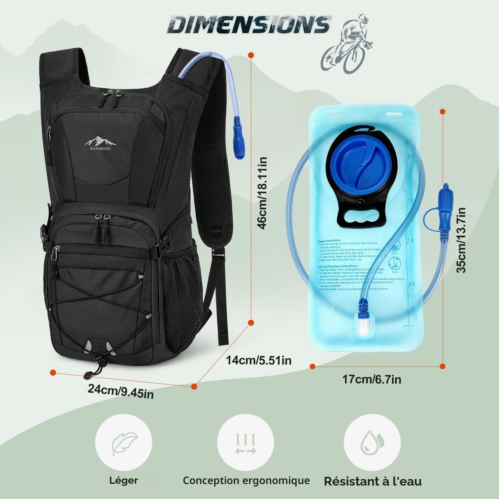 RAINSMORE Sac à dos d'hydratation avec poche à eau, 2 l, léger, isolé, avec protection contre la pluie, pour homme et femme, sac à dos de course à pied