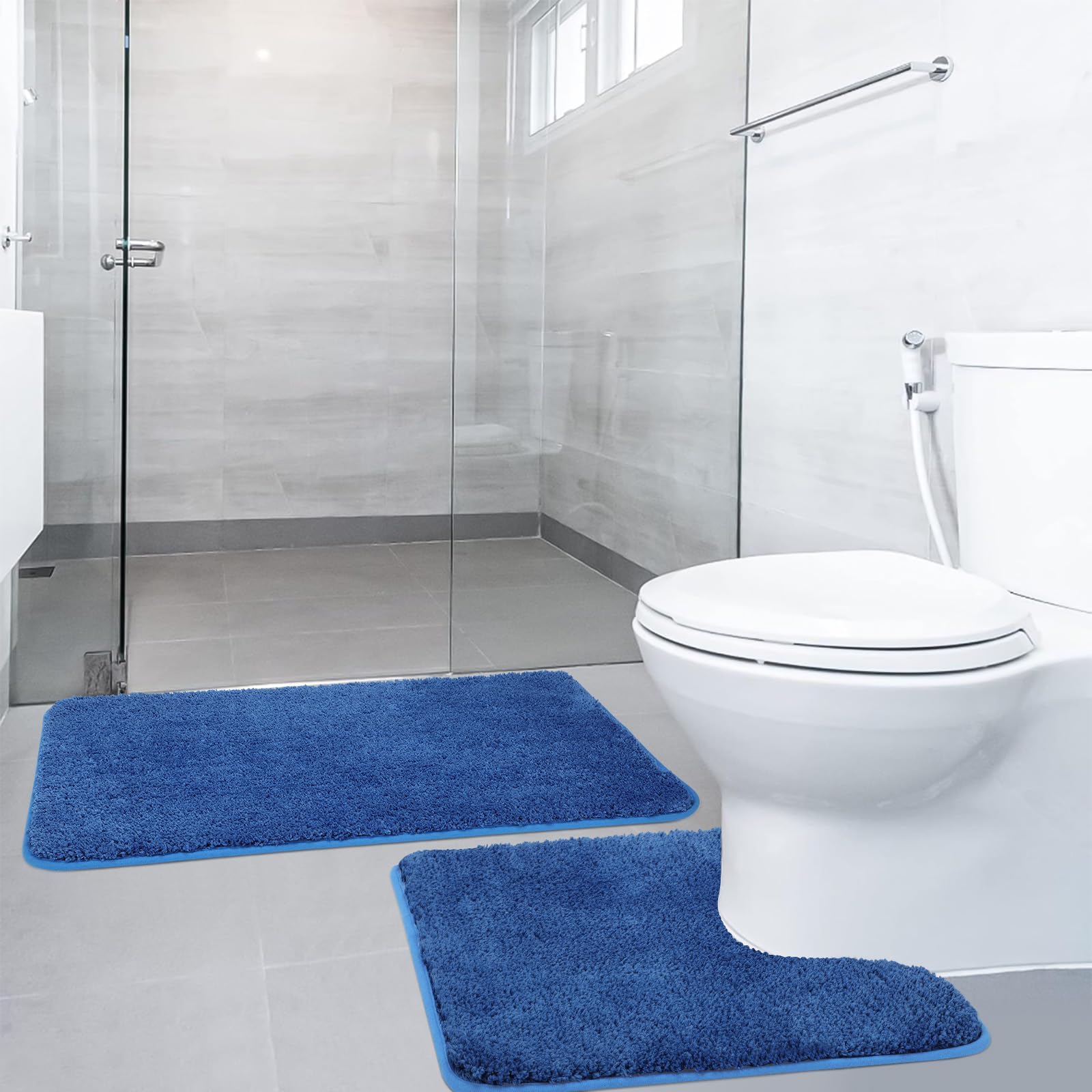 Non-Slip Bath Mat Set of 2, Luxury Thick Microfiber Shaggy Bathroom Rugs, 50 X 80 CM Soft Plush Shower Mat & 50 X 50 Toilet Pedestal Carpet, Machine Washable, Absorbent, Blue