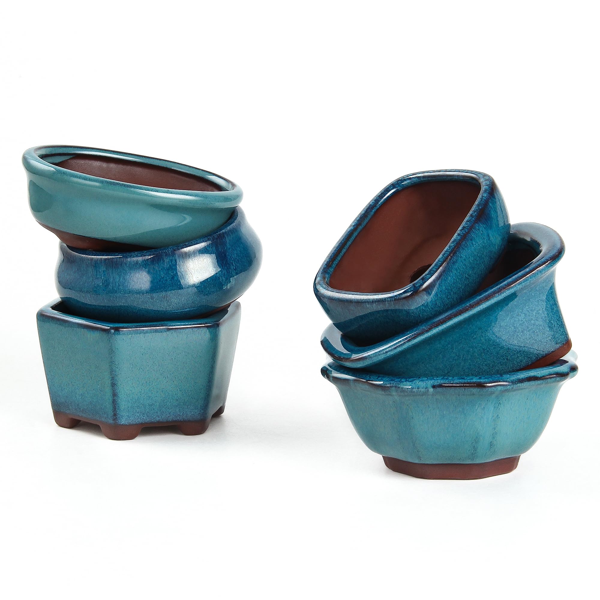 Happy Bonsai 6-teiliges Mini-Töpfe aus glasiertem Glas + 6 weiche Maschen-Drainagesiebe