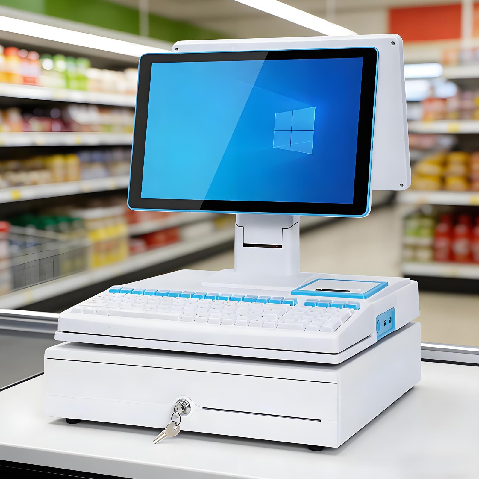 Caisse Enregistreuse Tout-en-Un,Écran Simple/Double de 15,6 Pouces, Imprimante de Reçus Intégrée, Tiroir-Caisse pour Supermarchés Restaurants et Vente au Détail DualScreen-White&Blue