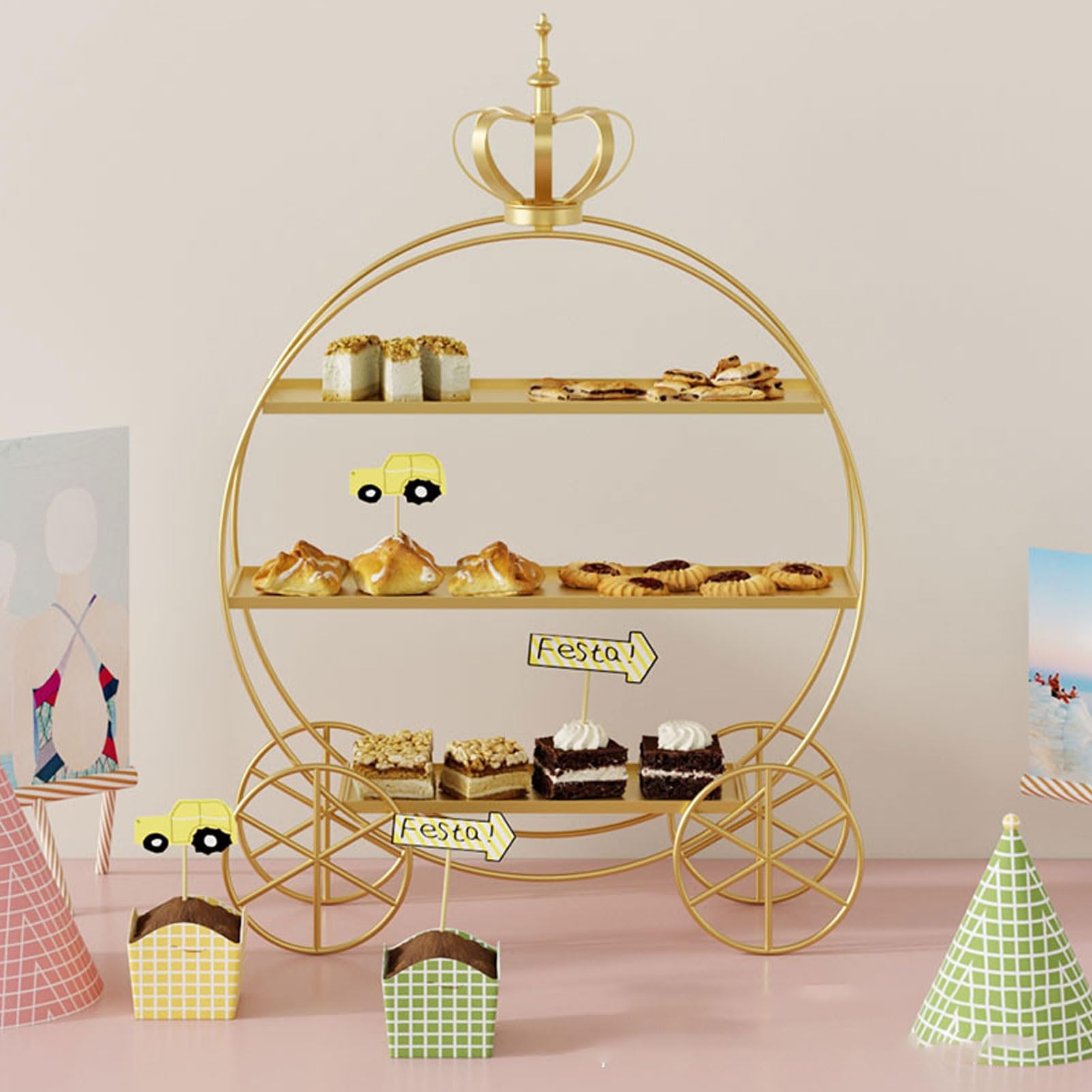 Fockety Soporte de 3 pisos para cupcakes, Expositor de metal dorado para cupcakes en carroza de princesa, Soporte personalizado para mesa de postres para decoración de fiestas de té (GOLD)