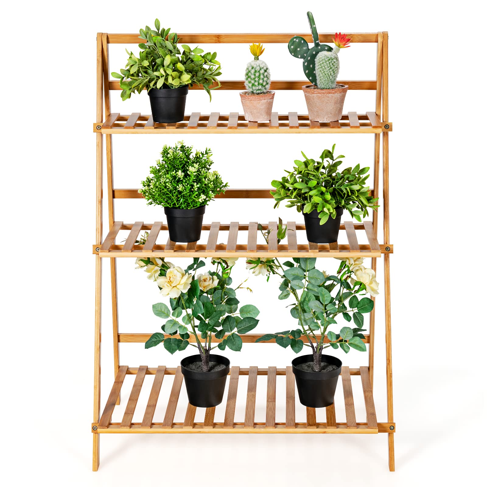 RELAX4LIFE Support de Plantes Pliable en Bambou, Étagère pour Plantes à 3 Niveaux, Étagère à Fleurs Pliante, Échelle à Plantes, pour Salon, Balcon, Jardin, Intérieur et Extérieur, Naturel