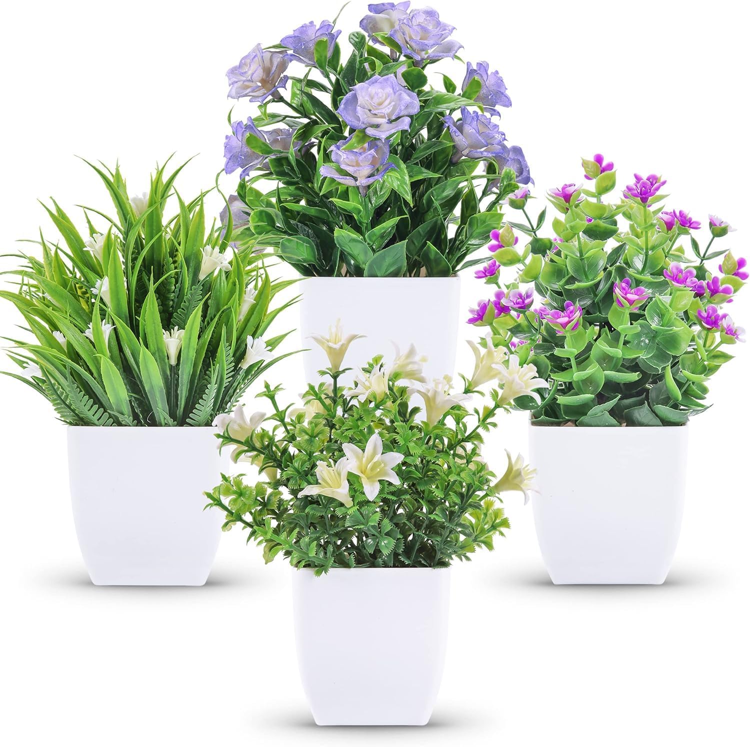 Der Rose 4 Pack Small Fake Plants Mini Artificial Faux Plants with Flowers for Home Room Farmhouse Bathroom Decor Indoor