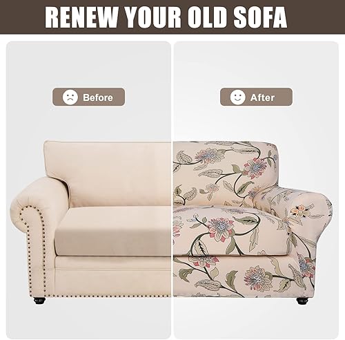 Miniatura 7 de SearchI - Funda de sofá elástica con estampado floral, 4 piezas, incluye 3 fundas de cojín independientes, protector lavable para muebles de sala de