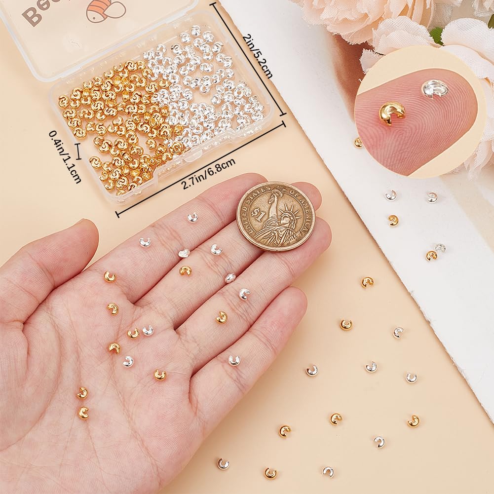 Beebeecraft 300Pcs 2 Color Crimp Bead Covers 4x3mm 24K Gold&925 Sterling Silver Plated Small Half Round Open End Crimp Bead Covers Knot Cover with Storage Box for Jewellery Making Bracelets Crafts - Image 3