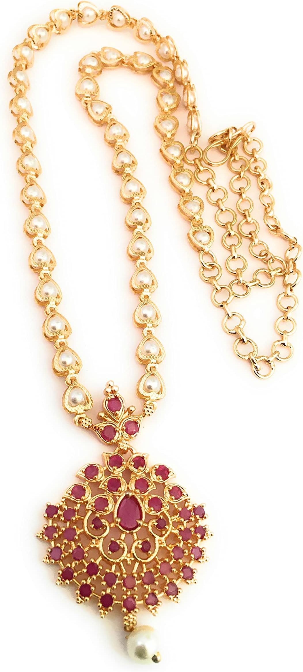Sasitrends Brass 1 Gram Micro Gold Plated Pearl Chain with Pendant Necklace for Women and Girls [24 Inches]