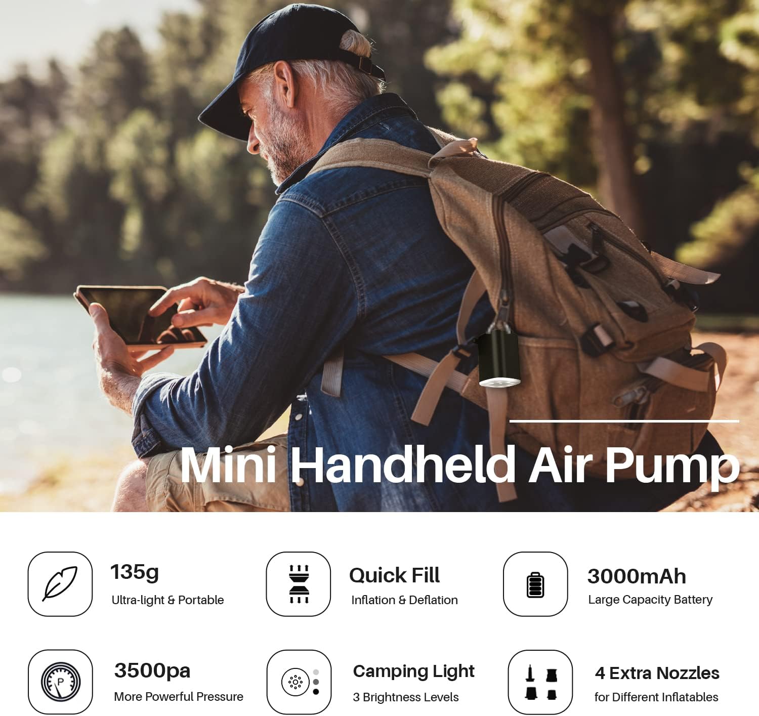 Electric Air Pump for Inflatables, 3000mAh Portable Air Pump, Camping