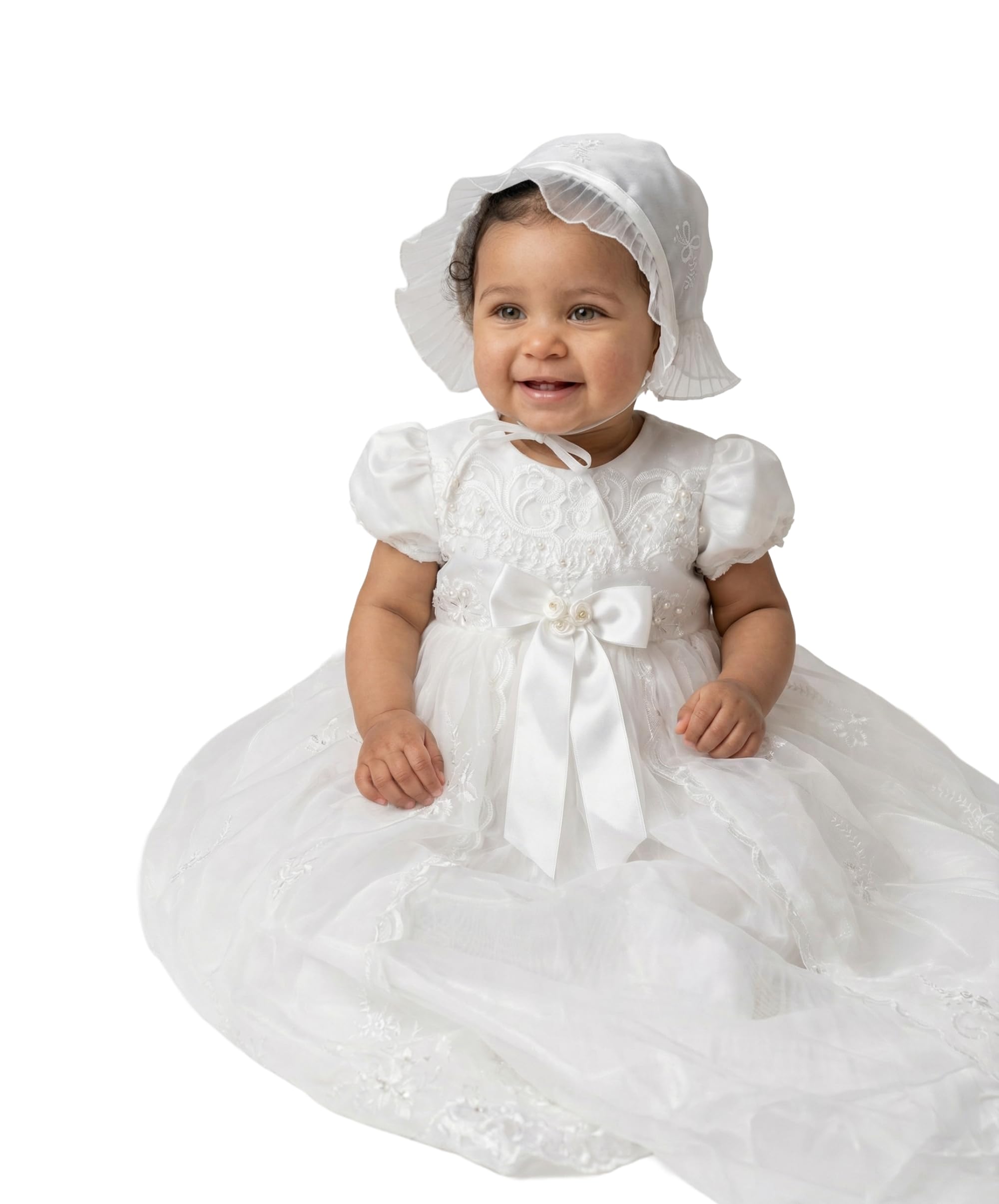 SIRRI Conjunto de Bautizo para niña Color Marfil con Vestido y Gorro, Estilo Tradicional.