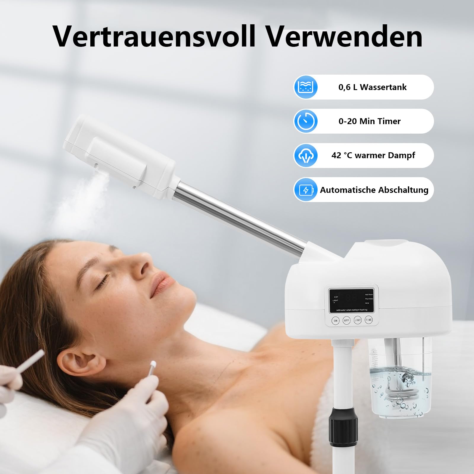 Gesichtsdampfer 360° Ozon Bedampfer Höhenverstellbar Porenreiniger Kosmetik Dampfgerät mit Timer und Heißer Sprühmodus Funktionen Gesichtssauna Verdampfe