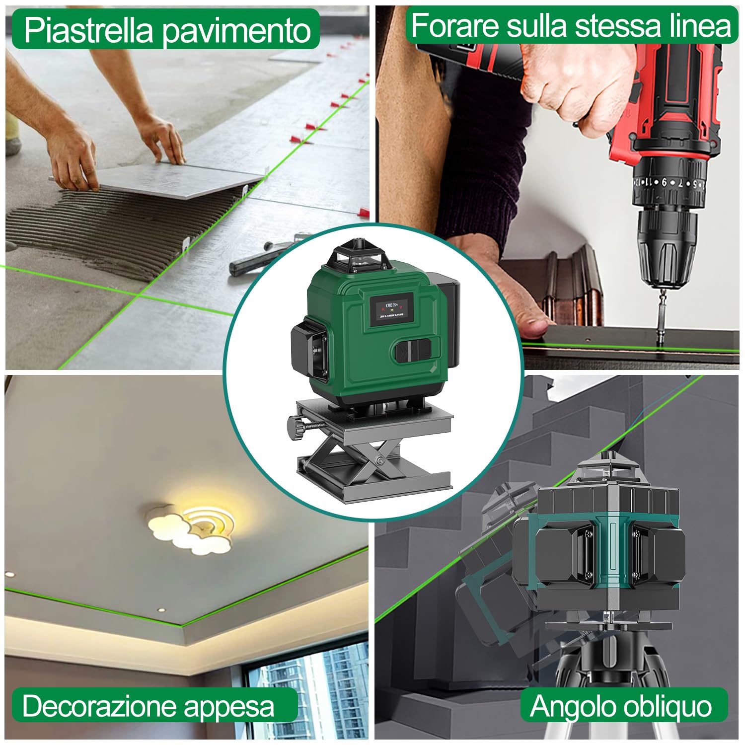 Livella Laser Autolivellante 4x360° con Treppiede, 16 Linee Livella Laser Verde Professionale, 2xBatterie Ricaricabili, Display Digitale LCD- LevelMaster PRO