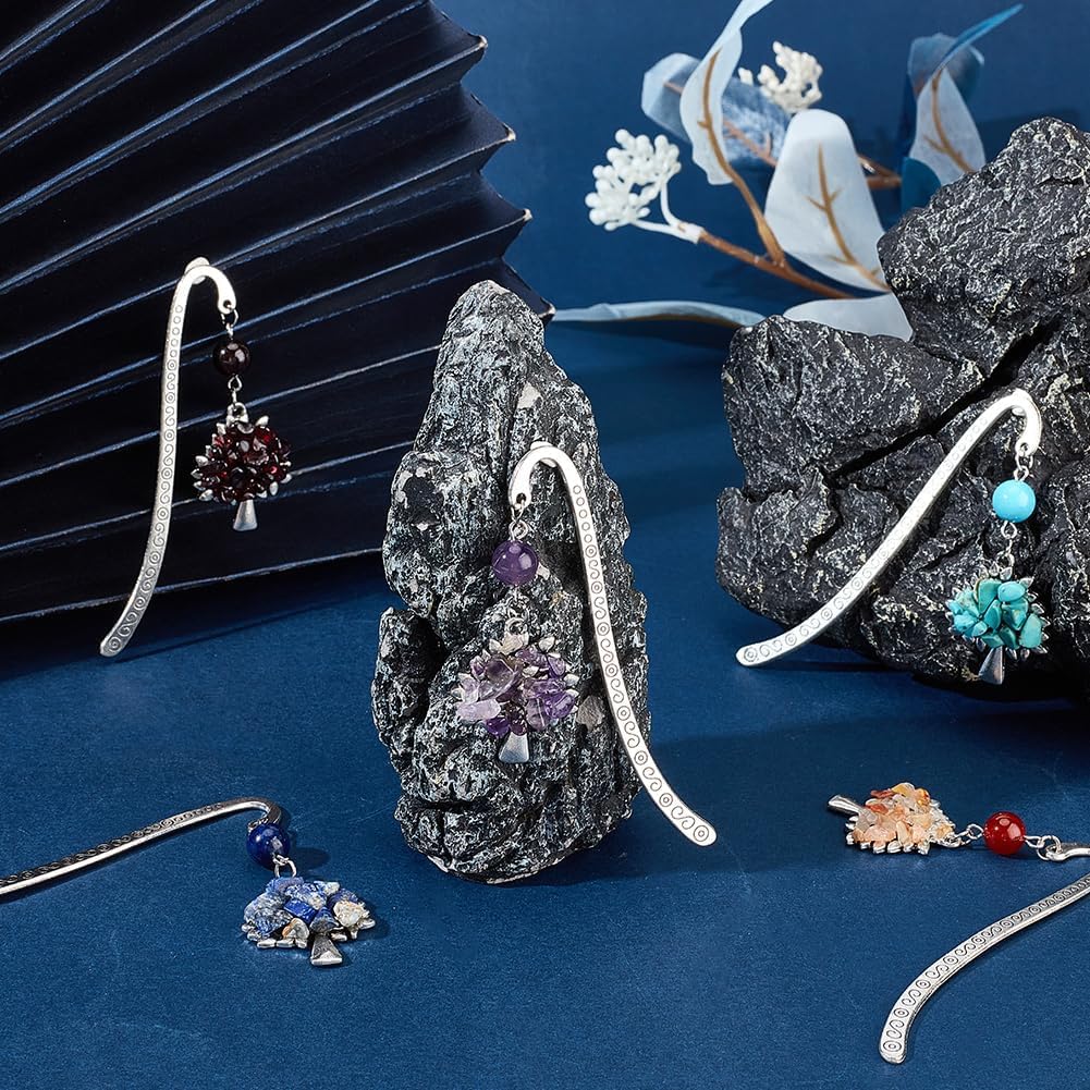 SUNNYCLUE 12Pz Segnalibri Albero della Vita in Stile Tibetano, Segnalibri in Metallo con Gancio Argento Antico, Ametista, Turchese, Perle di Pietre Preziose, Segnalibri in Metallo in Bulk per Lettura