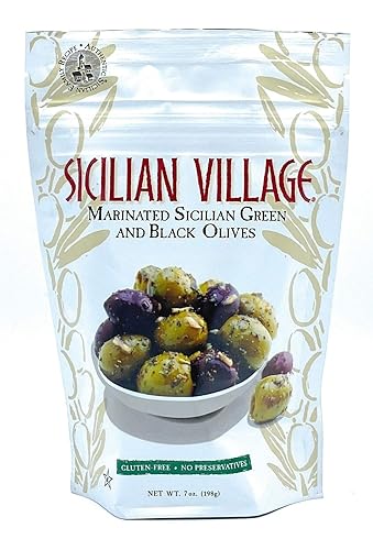 Sicilian Village Aceitunas verdes y negras marinadas, 7 onzas