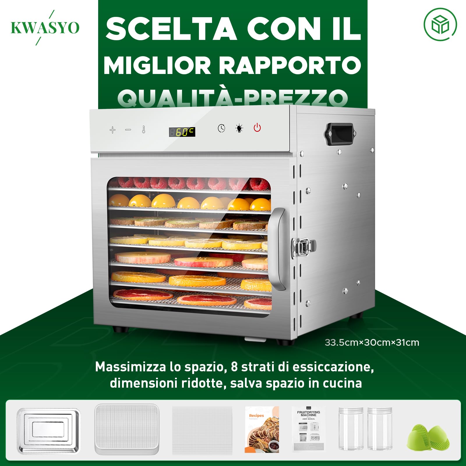 Kwasyo Essiccatore Alimentare Professionale in Acciaio Inox, 8 Vassi, 67 Ricette,di Temperatura da 30 a 90℃, Funzione Timer fino a 24 ore, Senza BPA, Disidratatore per Frutta, Carne, Verdure, Erbe