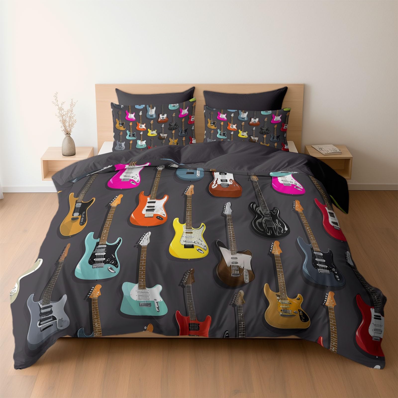 Housse de couette 160x200 cm guitares imprimées en microfibre grise avec 2 taies d'oreiller
