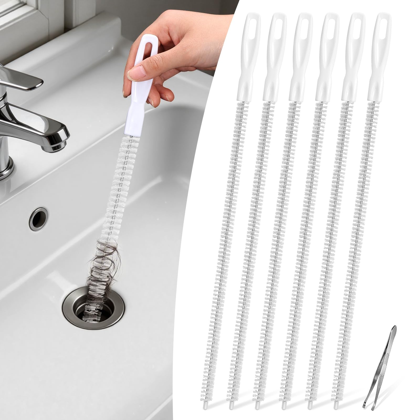 Alyvisun 6Pcs Drain Cleaner Brush, Sink Drain Brush 45cm with Tweezers