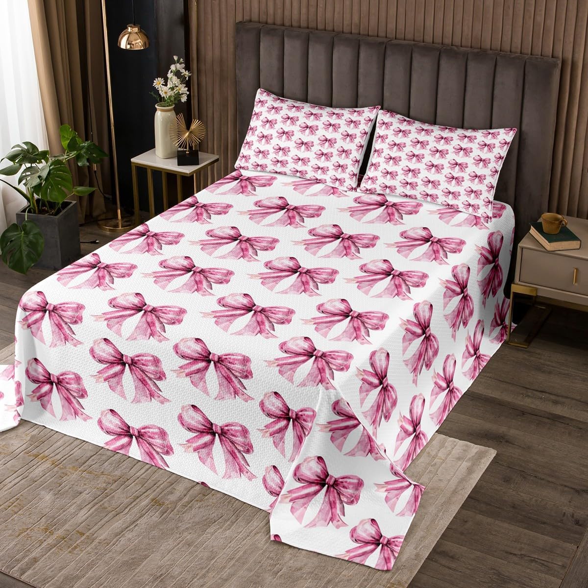Erosebridal Kawaii Bowknot Queen Bedspread Set, Bow Tie Print Soft Quilt Set for Kids Lady Girls, Cute Blue Dreamy Princess Coverlet Set & Bedspread for Bedroom, Cartoon Girly Ribbon Bedding Sets