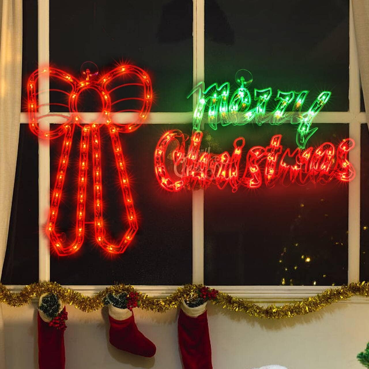 2 Pack Christmas Window Silhouette Lights，Including: Bow x1,Merry Christmas x1, Window Lighted Bow and Merry Christmas for Home Indoor Wall, Patio Lawn