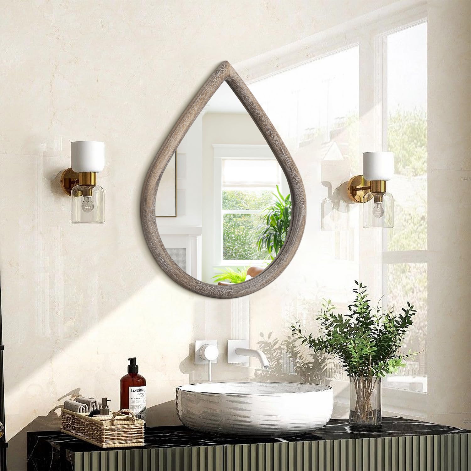 Feufoam Retro Brown Small Mirror For Wall Solid Wood Bathroom Mirror Farmhouse Teardrop Wall Hanging Mirrors Decorative For Entryway Hallway Living Room Bedroom