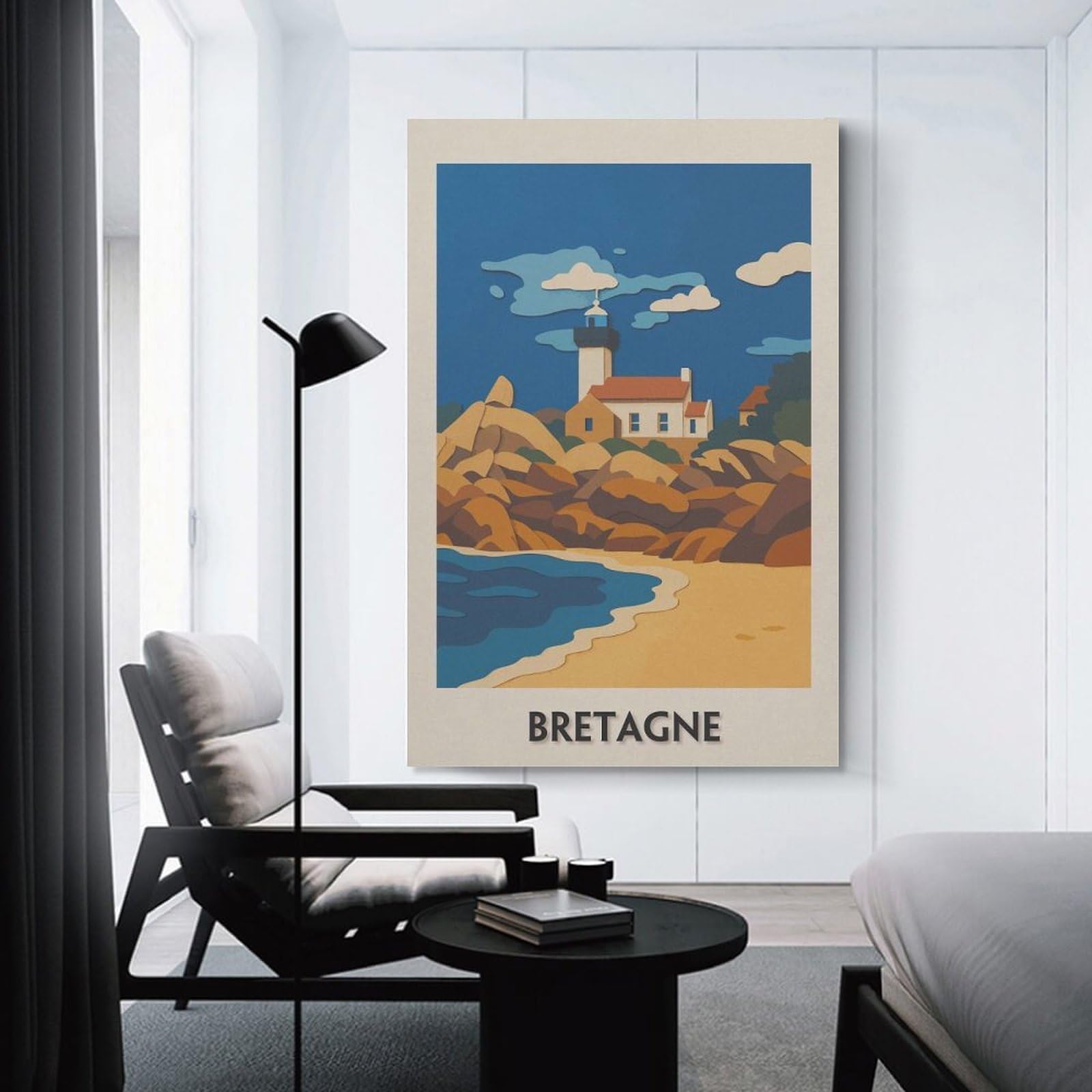 Junmoney Canvas Wall Art Bretagne Coastal Landscape with Lighthouse, 24x36inch(60x90cm), for Lounge Decor, Bedroom Walls Or Flats, A Home Accent with Warm Character