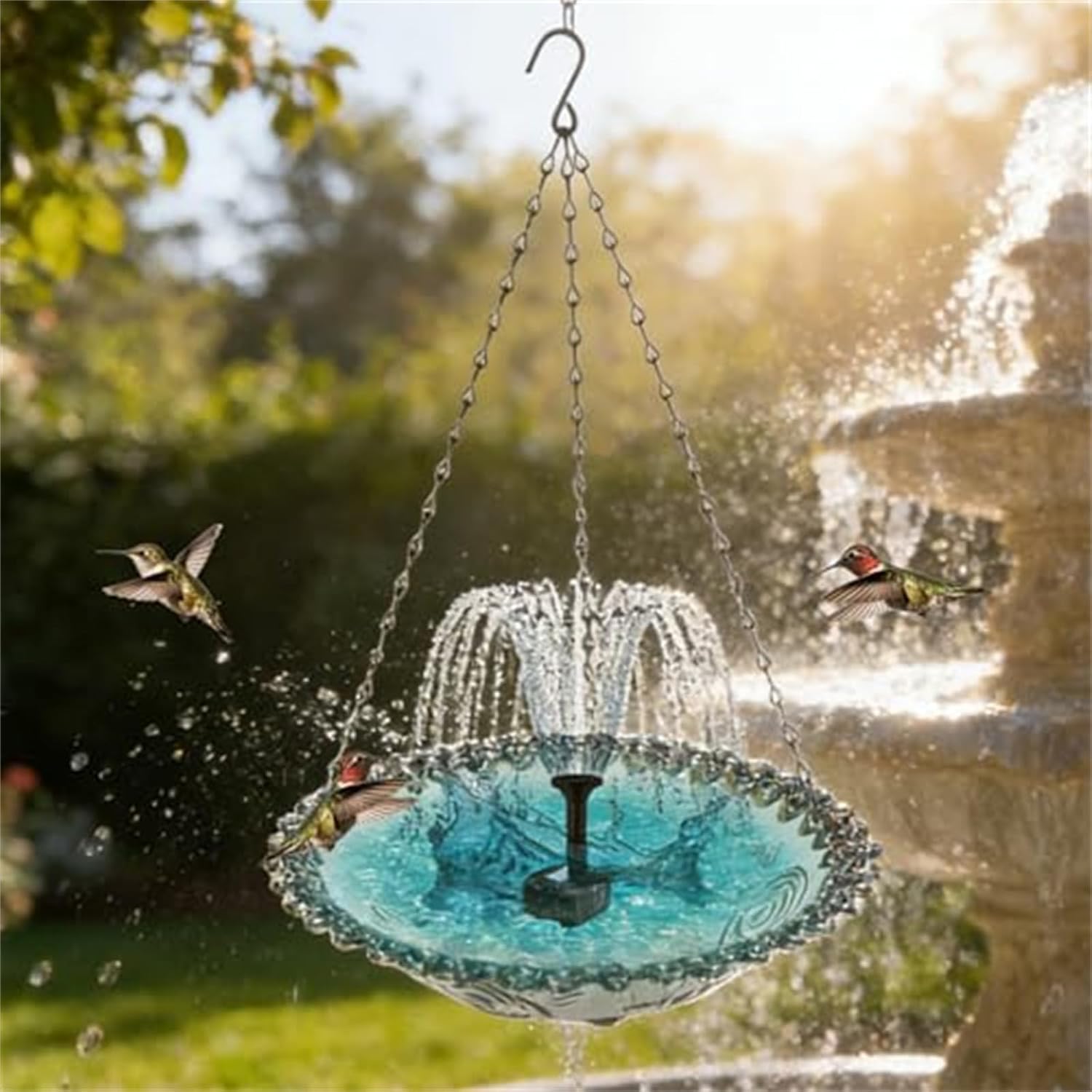Solar Cascade Hanging Bird Bath Fountain, Outdoor Hanging Bird Bath with Solar Fountain, 3-Tier Cascading Water Feature with Solar Pump & Glass Bowl, for Patio Backyard Lawn Decor (Blue)