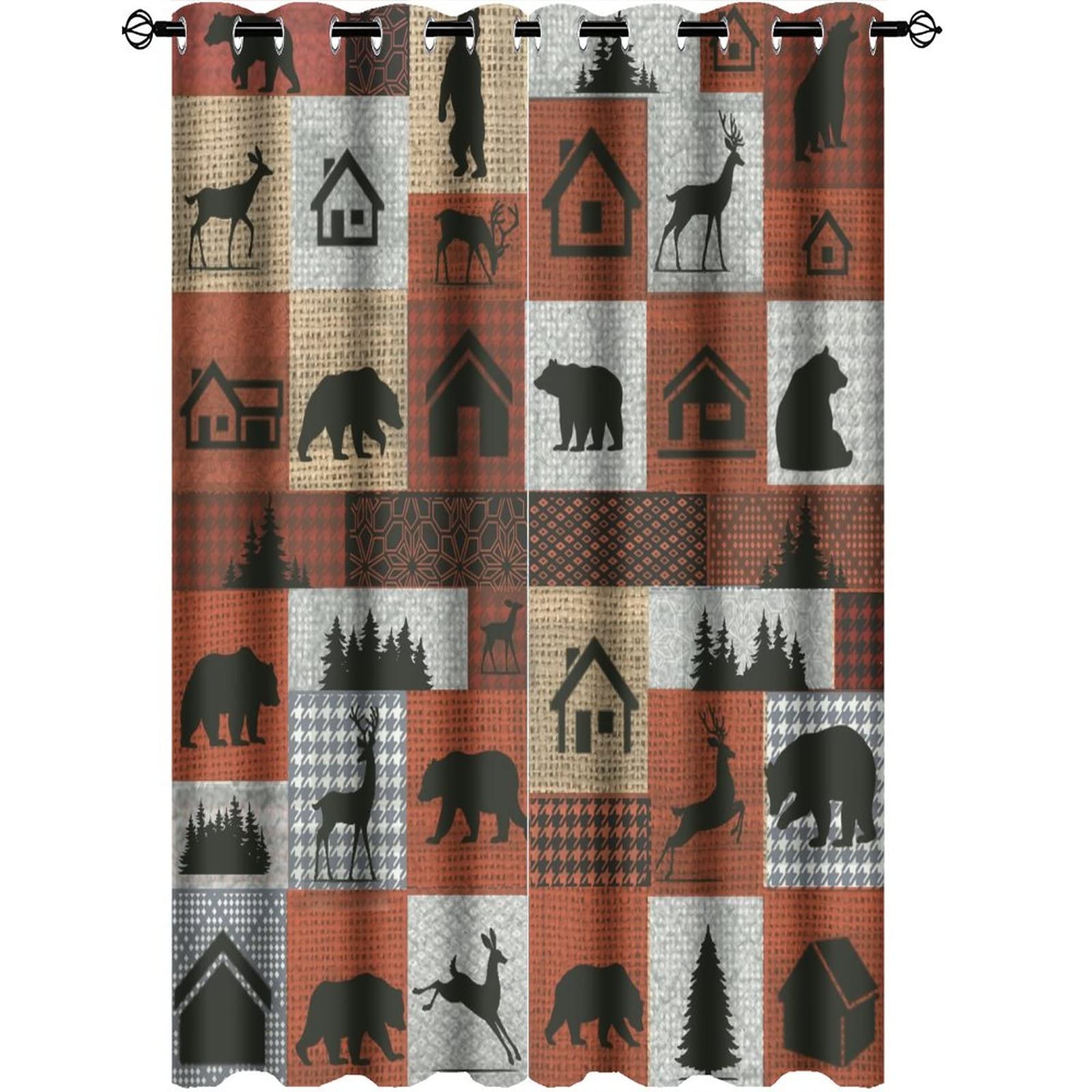 Kazynee Rustic Deer Blackout Curtains - Vintage Country Farmhouse Bear Cabin Forest Grommet Window Drapes Set Energy Saving Thermal Insulated Drapes