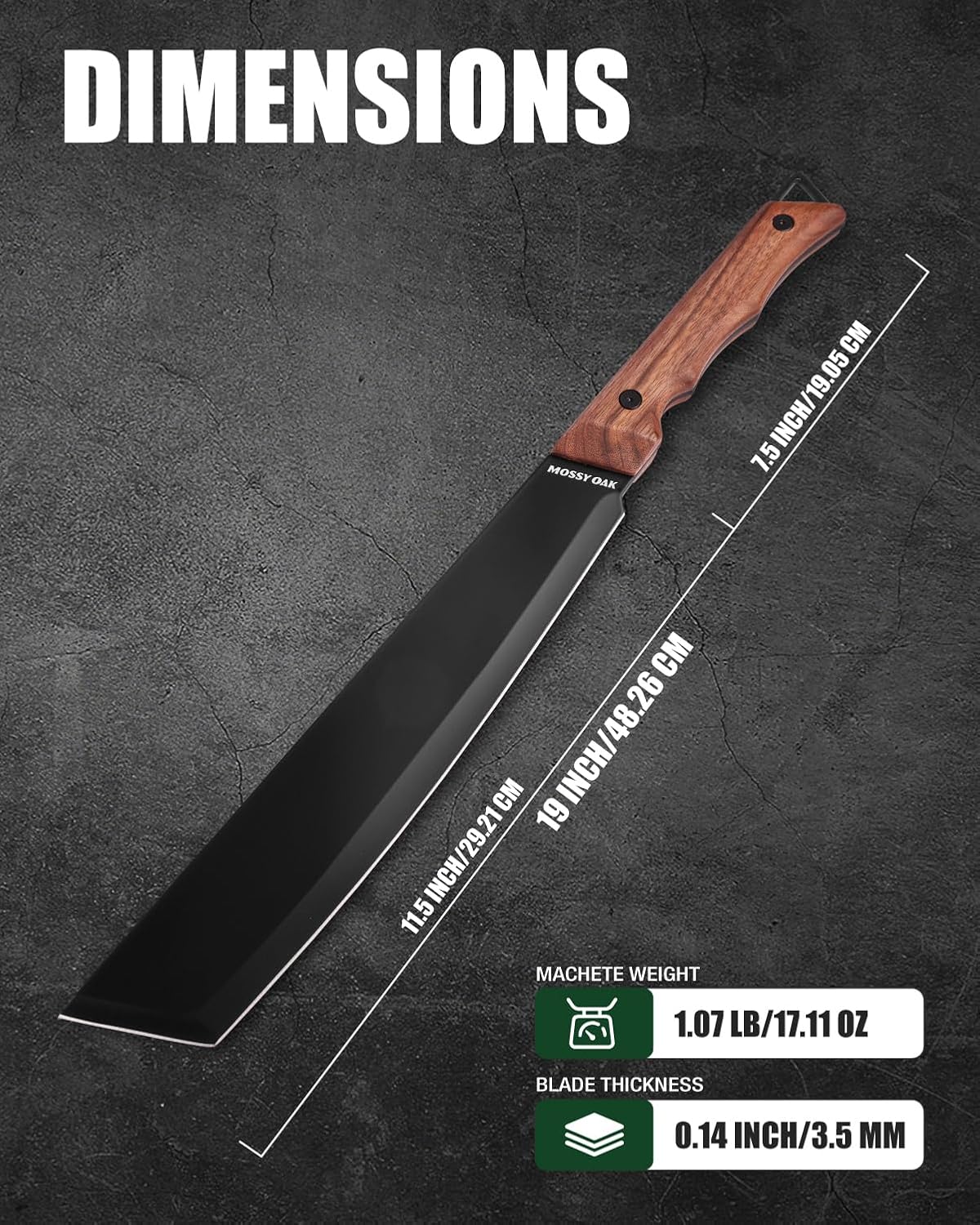 Mossy Oak 19" Machete with Oxford Sheath, Sharp Heavy Duty Machete with Ergonomic Walnut Handle for Bushcraft, Outdoor Hunting, Garden Cutting Trees and Yard Work