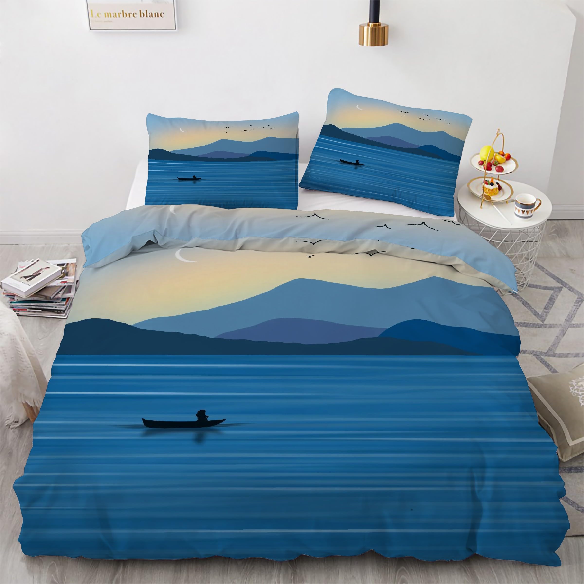 Housse de couette 220x240 montagnes bleu avec 2 taies d'oreiller en microfibre douce