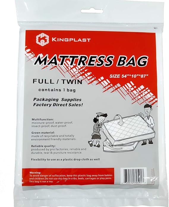 Kingplast Twin/Full Mattress Bag for Moving, 54" x 87" Disposable Plastic Mattress Storage Bag
