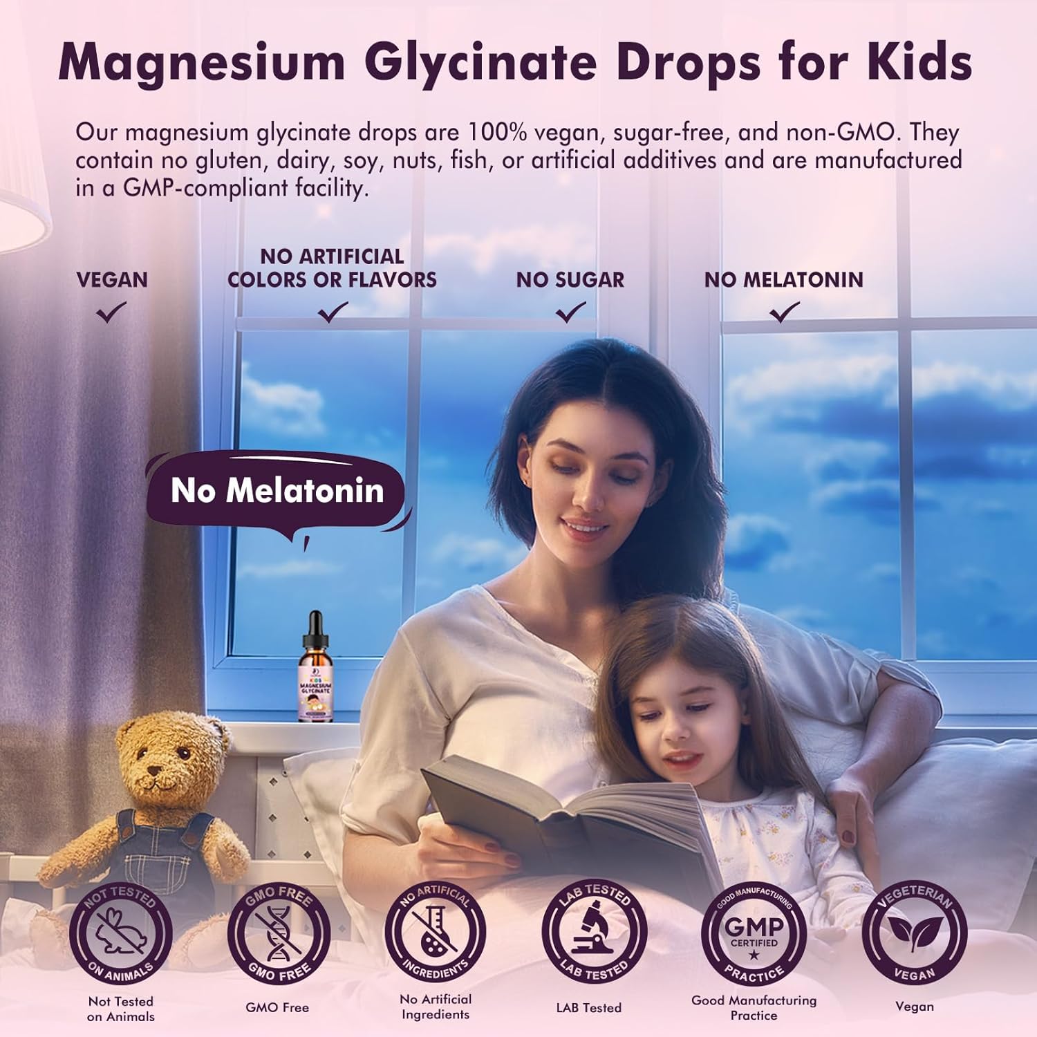 Magnesium Glycinate Drops for Kids Sleep – Sleep & Calm Support with L-Theanine – Melatonin-Free, Sugar-Free Vegan Raspberry Flavor – 4 Bottles, 30ml Each