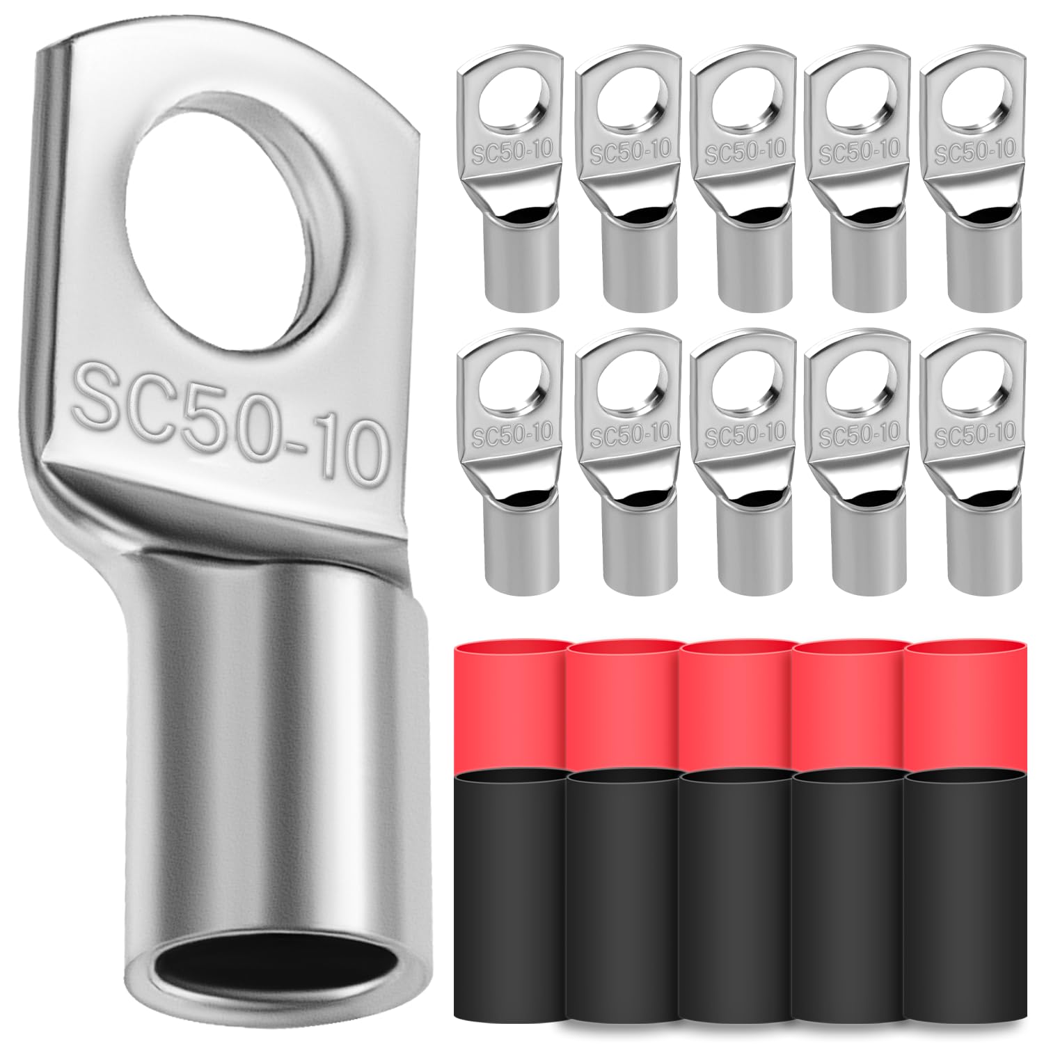 10x Cable Lugs 50mm² M10 Thickened Copper Uninsulated SC Crimp Lugs Battery Cable Ends Lugs Battery Terminals with 10 Heat-shrink Tubing 3: 1