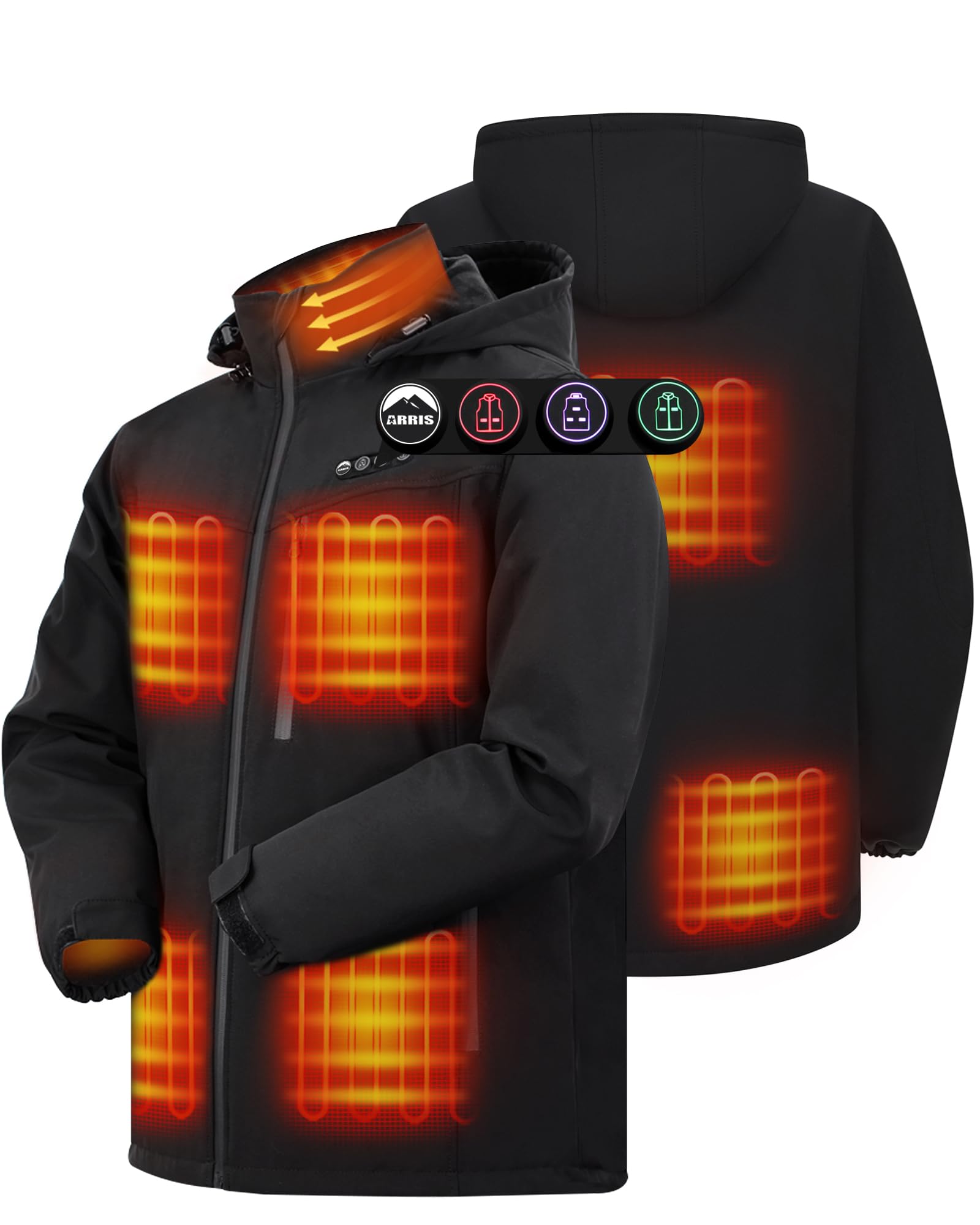 Men`s Heated Jacket, Electric Heating Coat with Battery and Detachable Hood - Waterproof, 8 Heating Areas