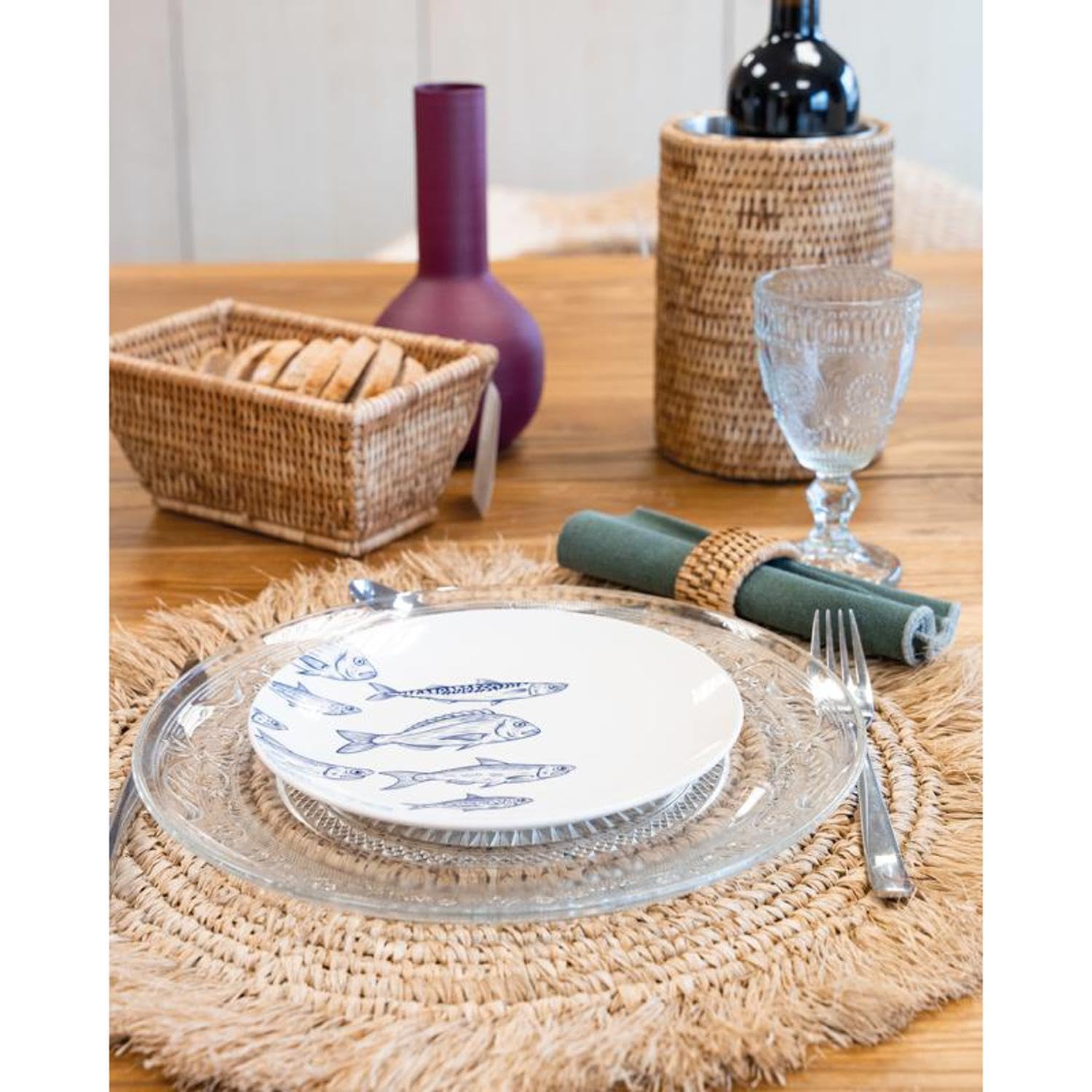 AUBRY GASPARD - Set de Table Rond en Raphia - Lot de 6 - Ø 45 cm avec Franges - Fabrication Artisanale - Coloris Naturel - Parfait pour Cuisine et Arts de la Table - Élégance Naturelle et