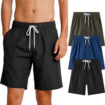 ROSEGIN 3 Pack Mens Swim Trunks 9 Inch with Mesh Liner Quick Dry Bathing Suits Beach Vacation Swimsuit Board Shorts
