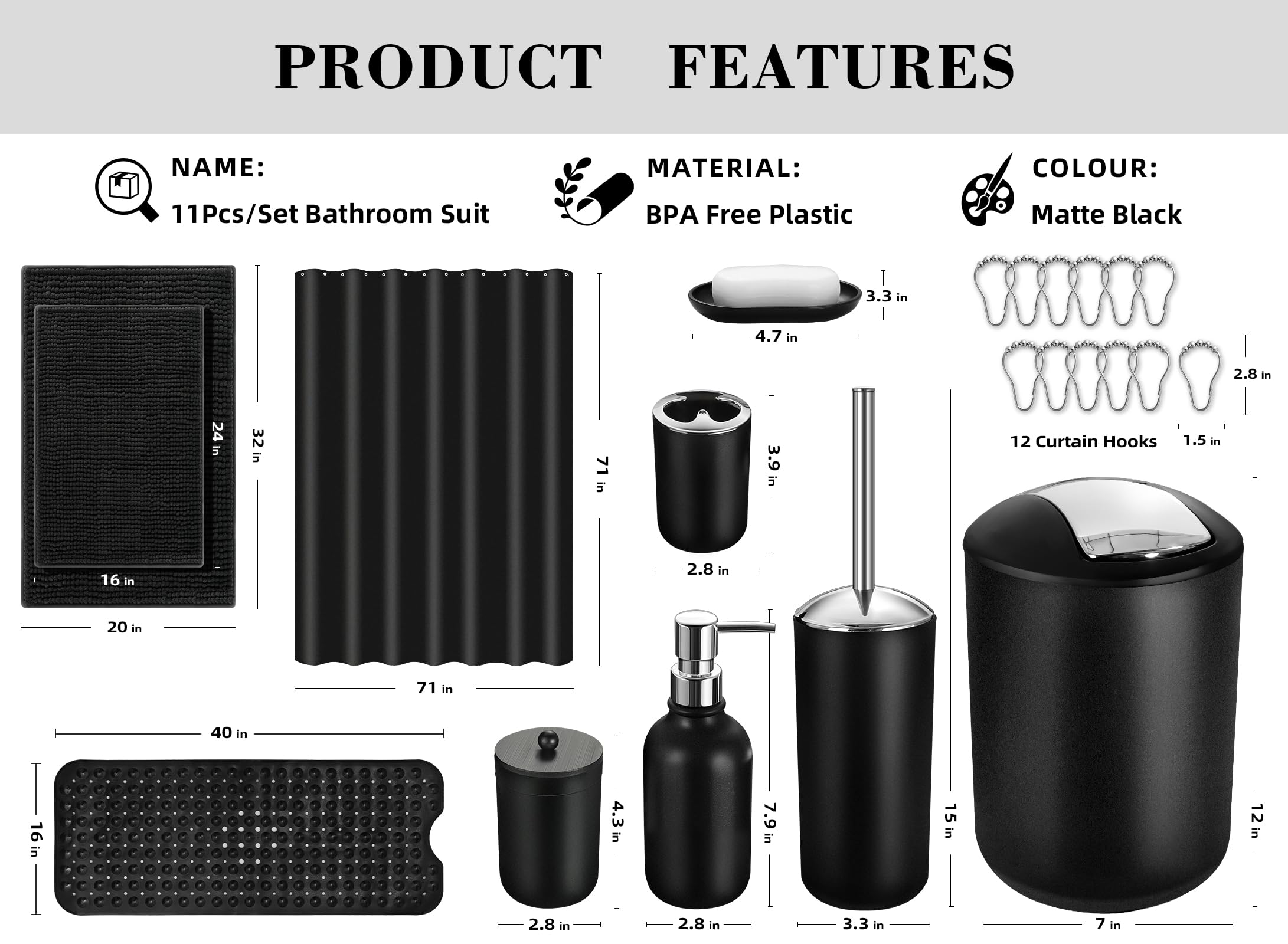 Juego de accesorios de baño negro, 23 piezas de accesorios de baño completo con alfombrilla de bañera, juego de cortina de ducha con ganchos, dispensador de jabón, soporte para cepillos de 2