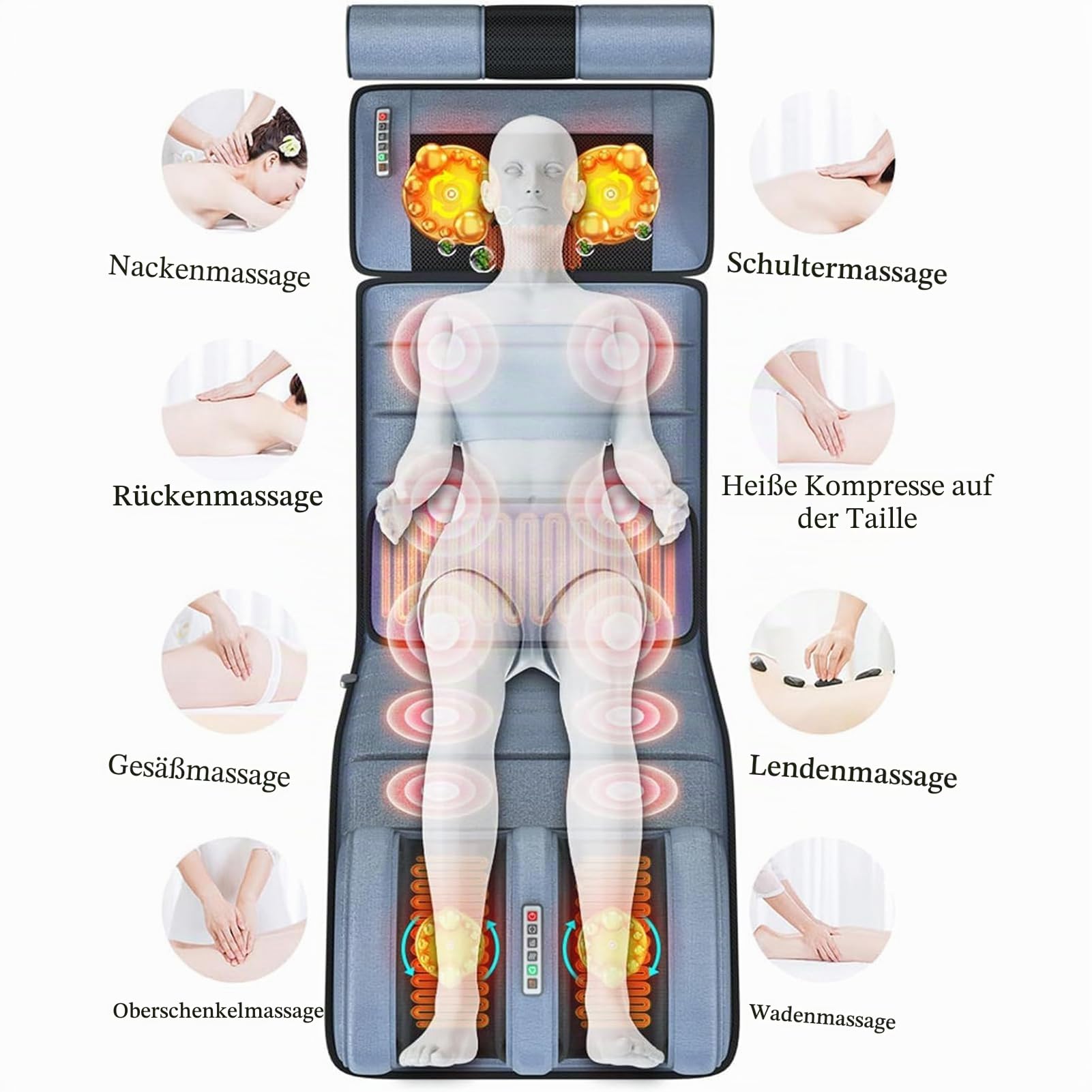 Home Ganzkörper Beheizte Massagematte - 10 Vibrationsmotoren & 2 Heizzonen für Nacken, Rücken, Schultern, Lendenwirbelsäule & Waden | Massage-Matratzenauflage zur Muskelentspannung