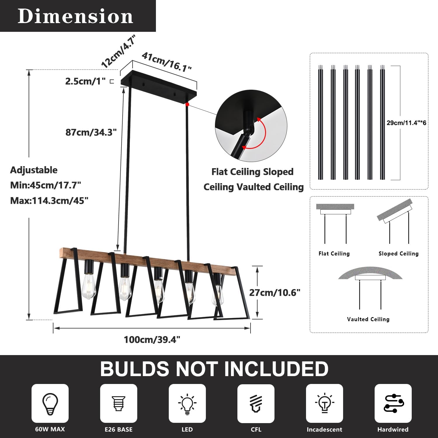 Rustic Wood Chandeliers Farmhouse 5 Light Dining Room Light Fixtures Mid Century Modern Black Linear Chandelier Industrial Kitchen Island Rectangle Pendant Light