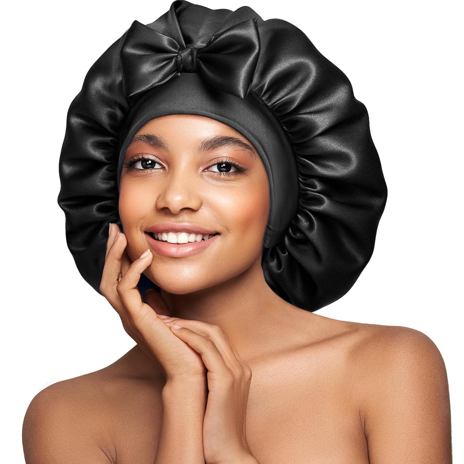 Double-Sided 22 Momme 100% Real Mulberry Silk Bonnet for Sleeping Women, Large Hair Care Bonnet for Long Curly Hair, Double Layer Silk Wrap with Soft Elastic Band, Non-Slip Sleep Cap, Jet Black