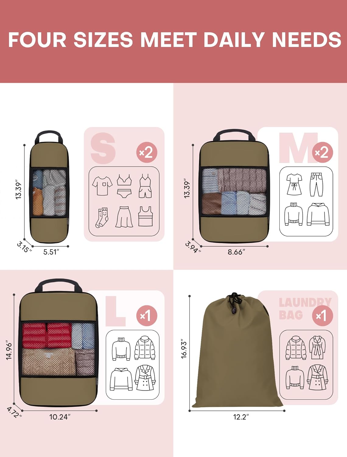 6 PCS Set Compression Packing Cubes for Travel, Lightweight Packing Organizer Bags Travel Essentials for Carry On, Suitcase,Home Closet - Brown - Image 2