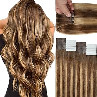 Lacer Tape in Hair Extensions Human Hair 20pcs 50g Balayage Chocolate Brown to Caramel Blonde Tape in Hair Extensions 16 Inch R#4-4/27 Thick Ends