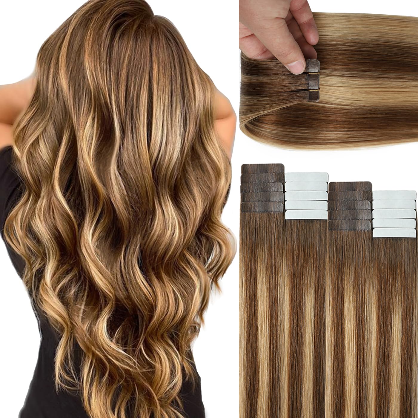 Lacer Tape in Hair Extensions Human Hair 20pcs 50g Balayage Chocolate Brown to Caramel Blonde Tape in Hair Extensions 16 Inch R#4-4/27 Thick Ends