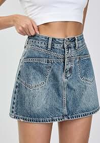 Saia jeans feminina de cintura alta, saia jeans vintage evasê com bolsos, saia curta casual bodycon para o verão