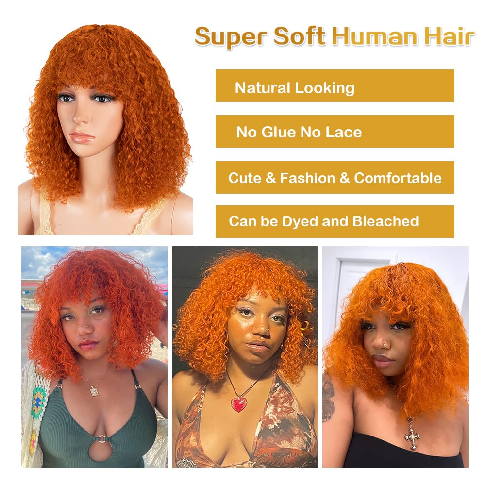 JOEDIR HAIR Ginger Orange Short Curly Wig with Bangs 12 inch Water Wave Human Hair Wig for Black Women Jerry Curl Bob Wig 150% Density Non Lace Front Glueless Wig - Image 3